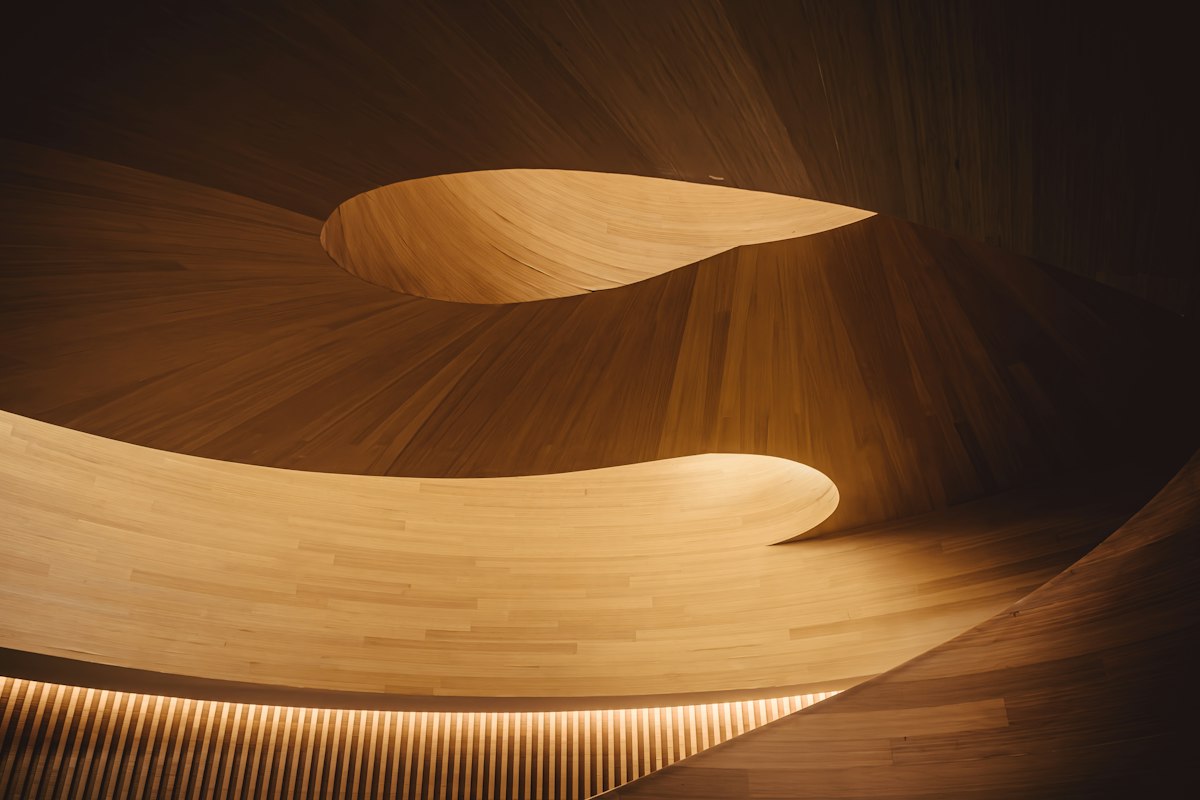 Curved plywood ceiling glowing with hidden lighting