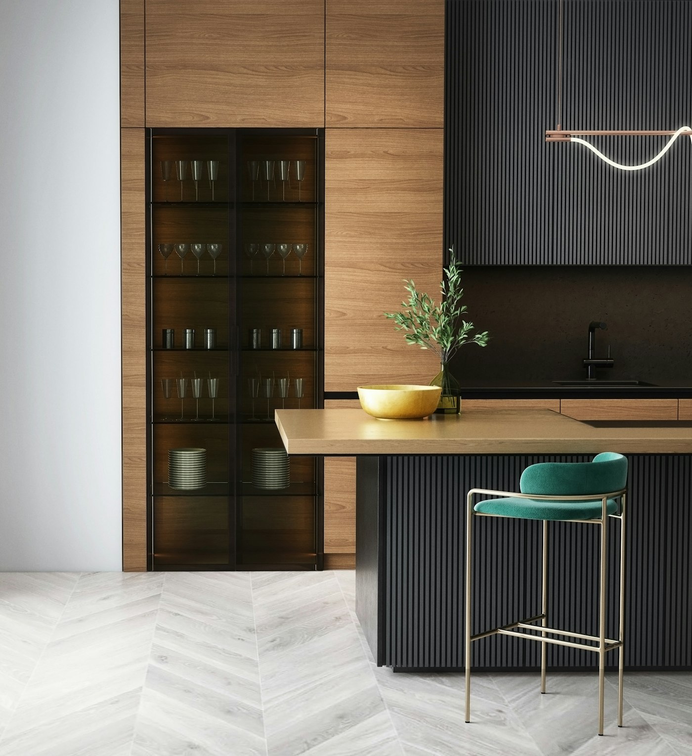 Kitchen with dark oak cabinets, a white island and teal stools