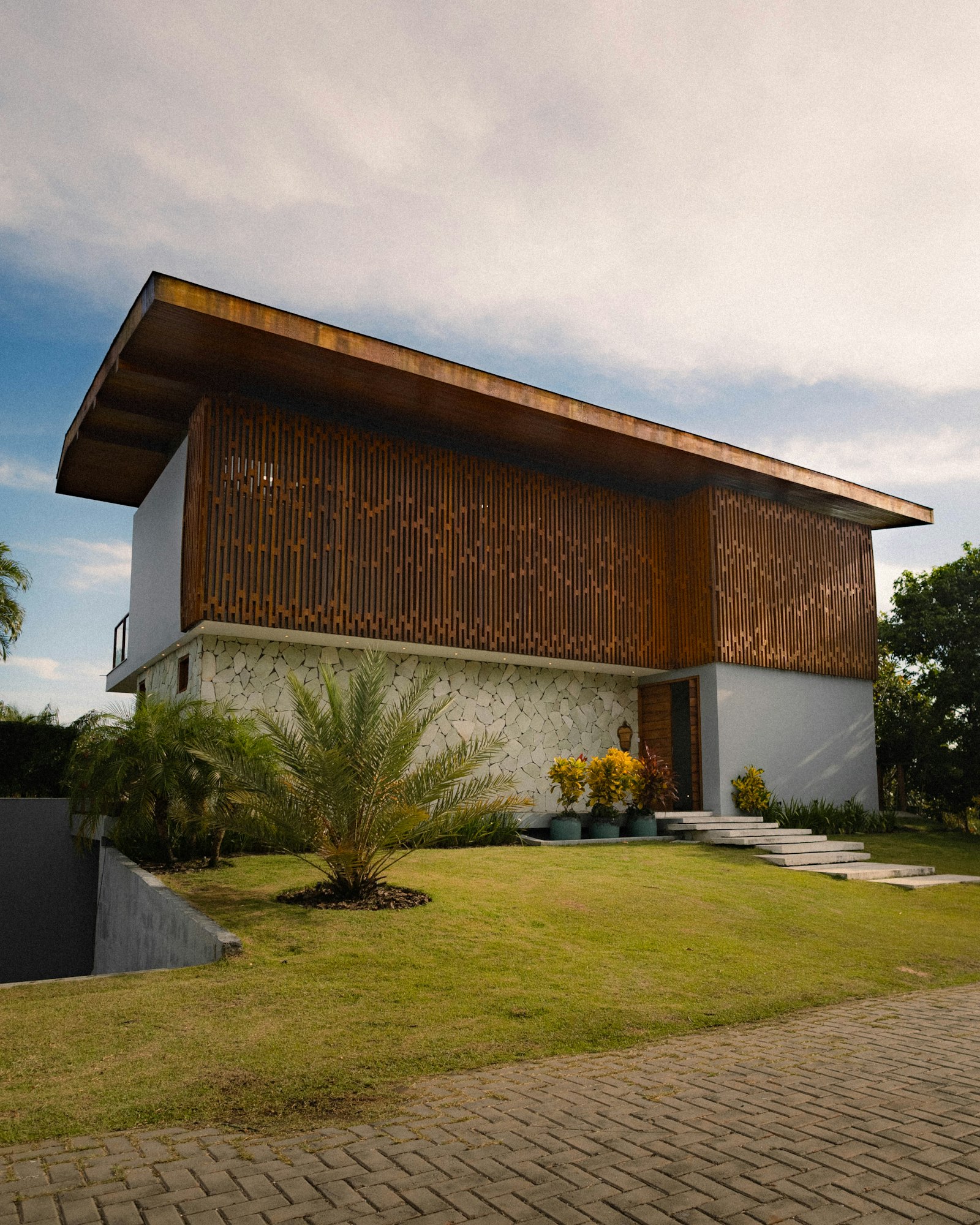 Timber-clad house with deep eaves above a lawn and palm garden